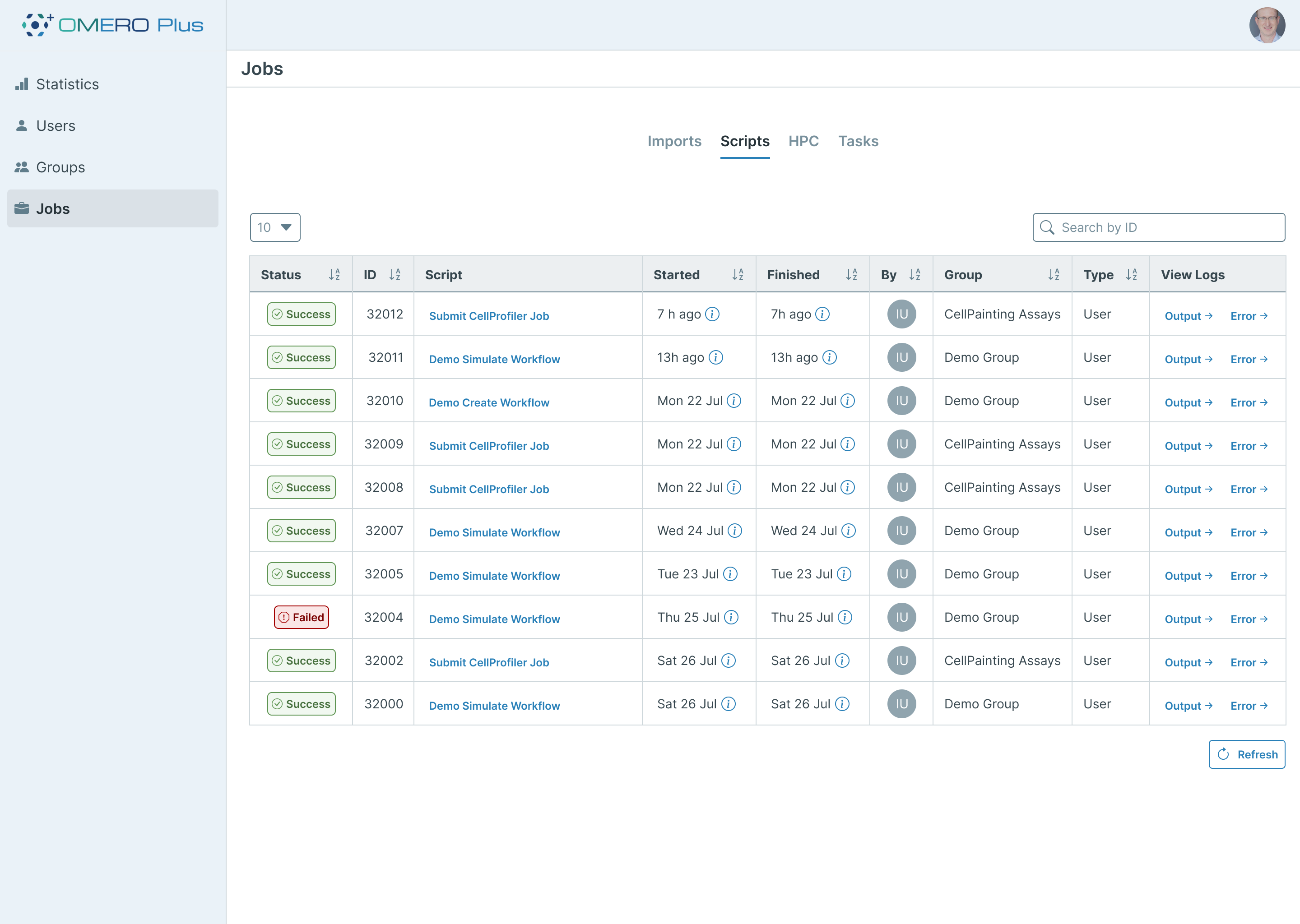 omero-web plugin for scripts monitoring